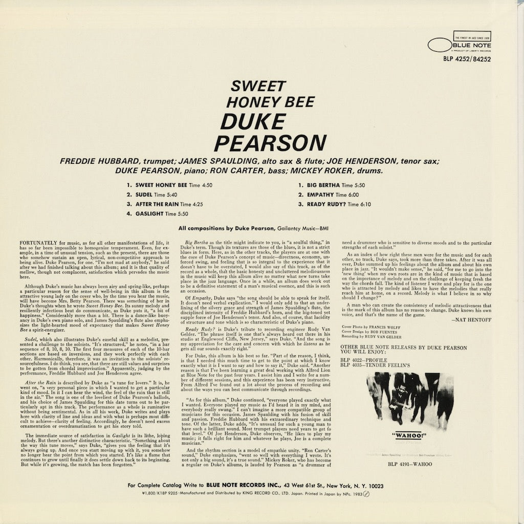 Duke Pearson - Sweet Honey Bee (K18P-9205) 1983 JPN Blue Note｜中古LP