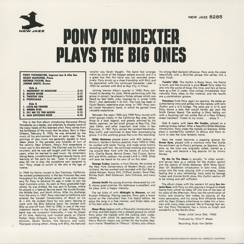 Pony Poindexter / ポニー・ポインデクスター / Plays The Big Ones (NJLP 8285)