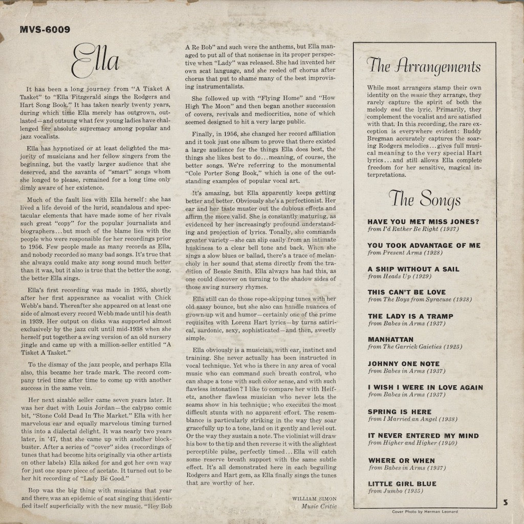 Ella Fitzgerald - Sings The Rodgers And Hart Song Book Vol. 1 (MG VS-6009) LP 1959 US Verve