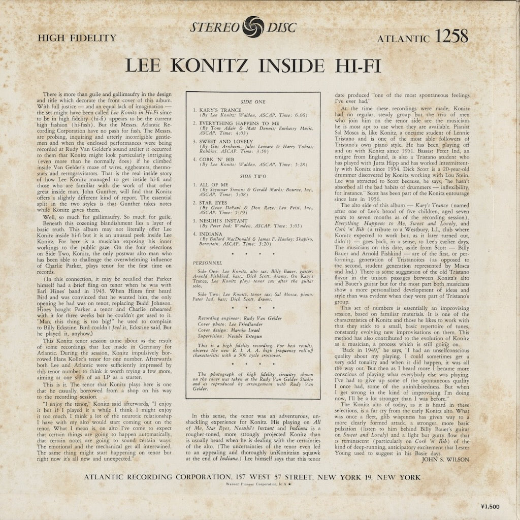 Lee Konitz - Inside Hi-Fi (P-4507A) 1975 JPN Atlantic｜中古LP