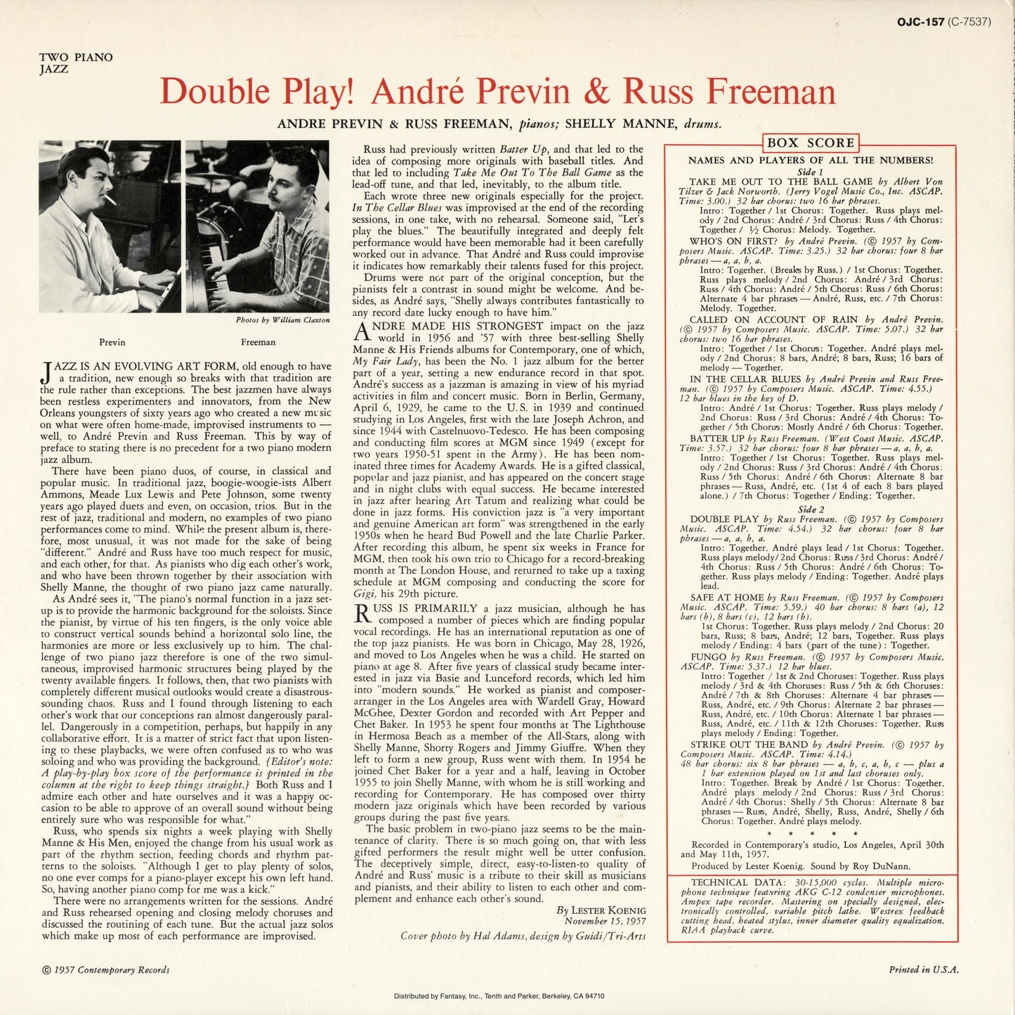 Andre Previn & Russ Freeman / アンドレ・プレヴィン、ラス・フリーマン / Double Play! (OJC-157)