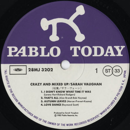 Sarah Vaughan – Crazy And Mixed Up (28MJ 3202) LP 1982 JPN Pablo - Polydor | 中古LP