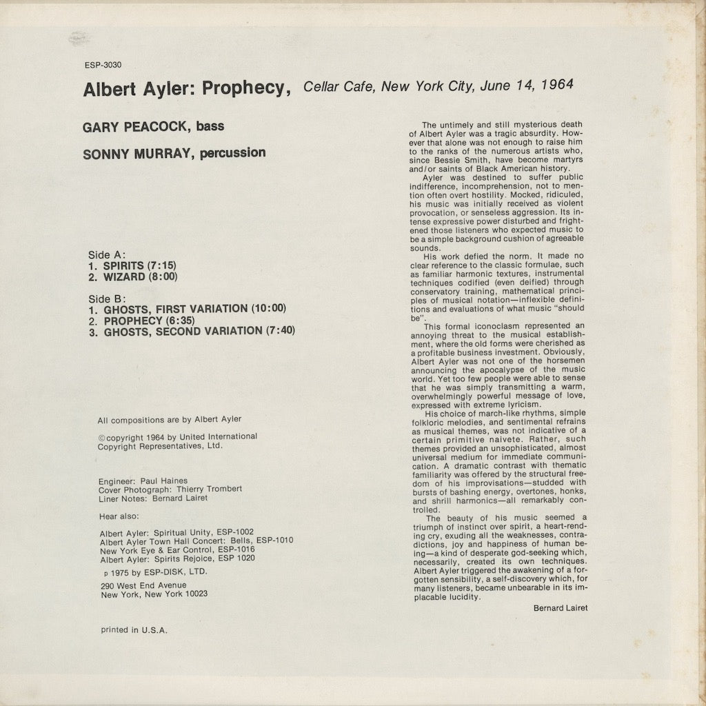 Albert Ayler / アルバート・アイラー / Prophecy(ESP-3030)