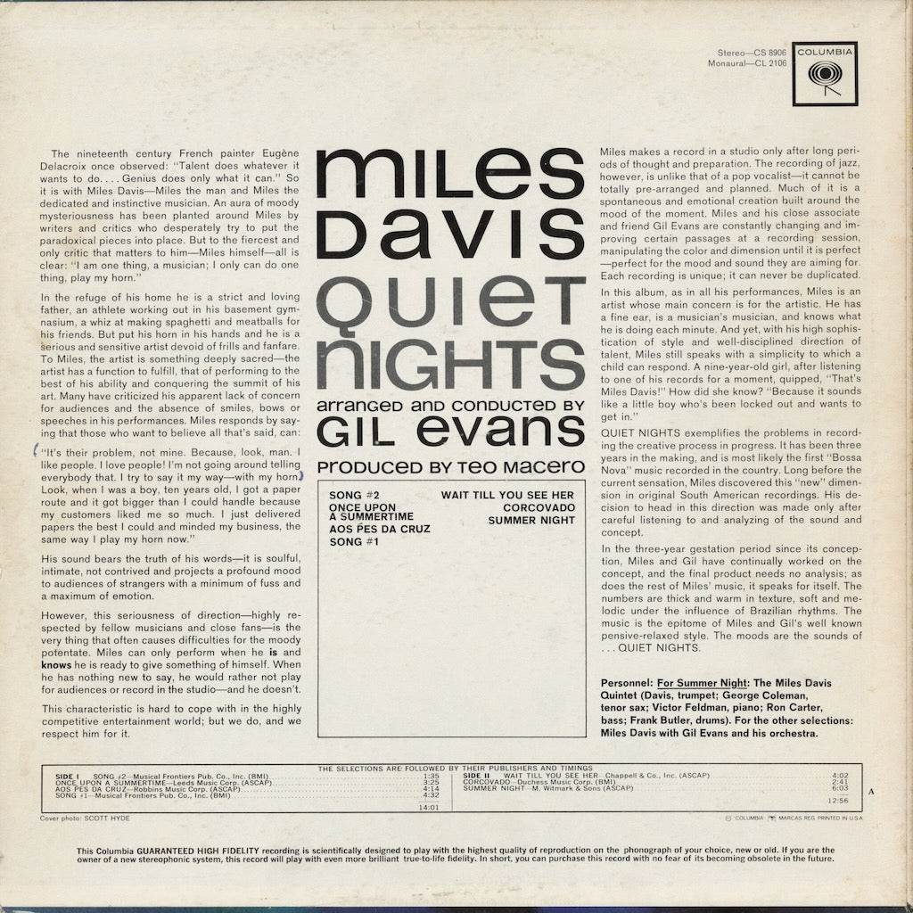 Miles Davis - Quiet Nights (CL 2106) LP 1963 US Columbia｜中古LP