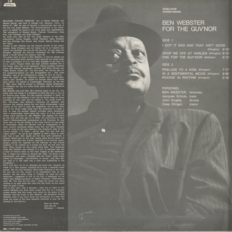 Ben Webster / ベン・ウェブスター / For The Guv'nor (5C 054-24049) – VOXMUSIC WEBSHOP