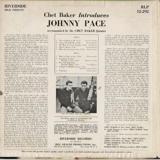 Johnny Pace - Chet Baker Introduces Johnny Pace Accompanied By The Chet Baker Quintet (RLP 12-292) LP 1959 US Riverside｜中古LP