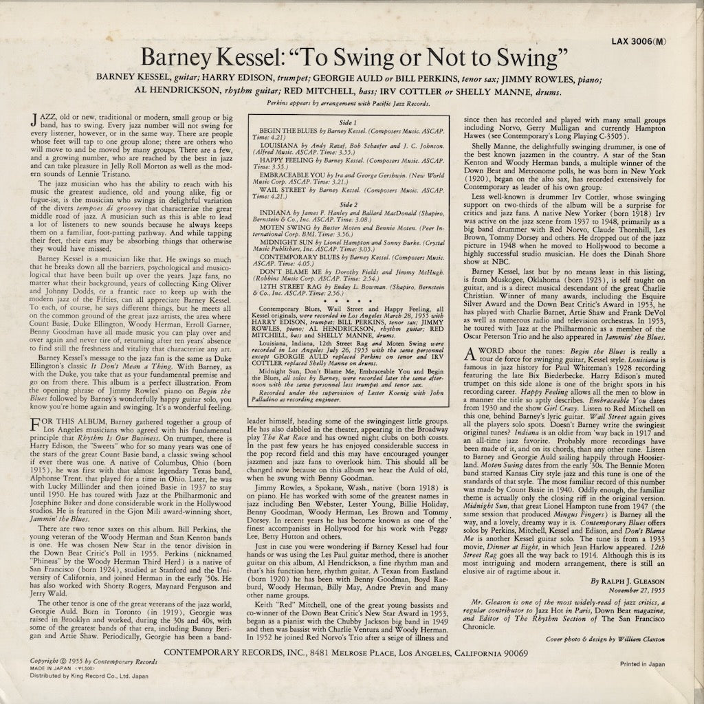 Barney Kessel / バーニー・ケッセル / Vol. 3, To Swing Or Not To Swing (LAX 3006M)