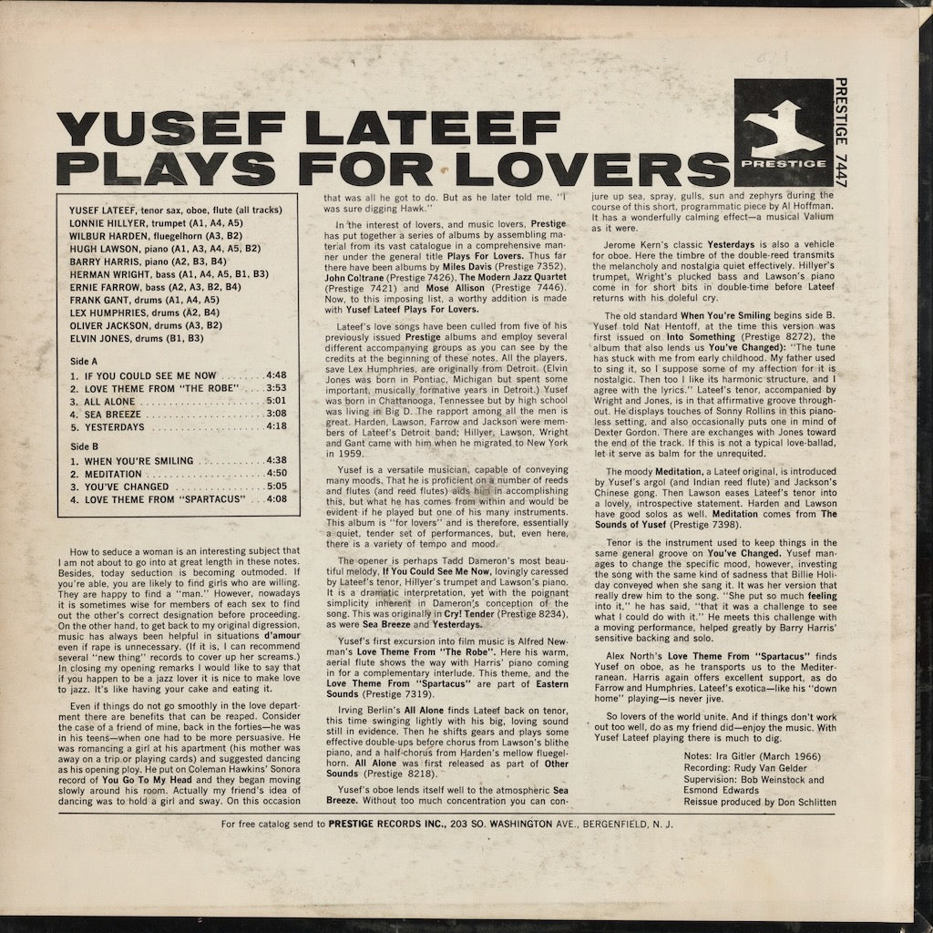 Yusef Lateef / ユセフ・ラティーフ / Plays For Lovers (PRST 7447)