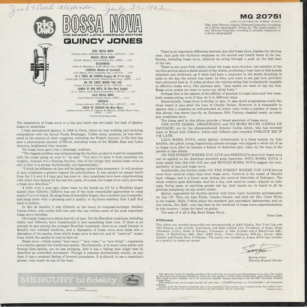 Quincy Jones - Big Band Bossa Nova (MG-20751) LP 1962 US Mercury｜中古LP