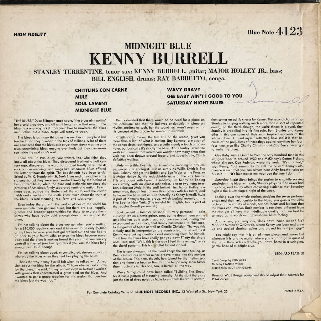 Kenny Burrell - Midnight Blue (BLP 4123) 1963 US Blue Note｜中古LP
