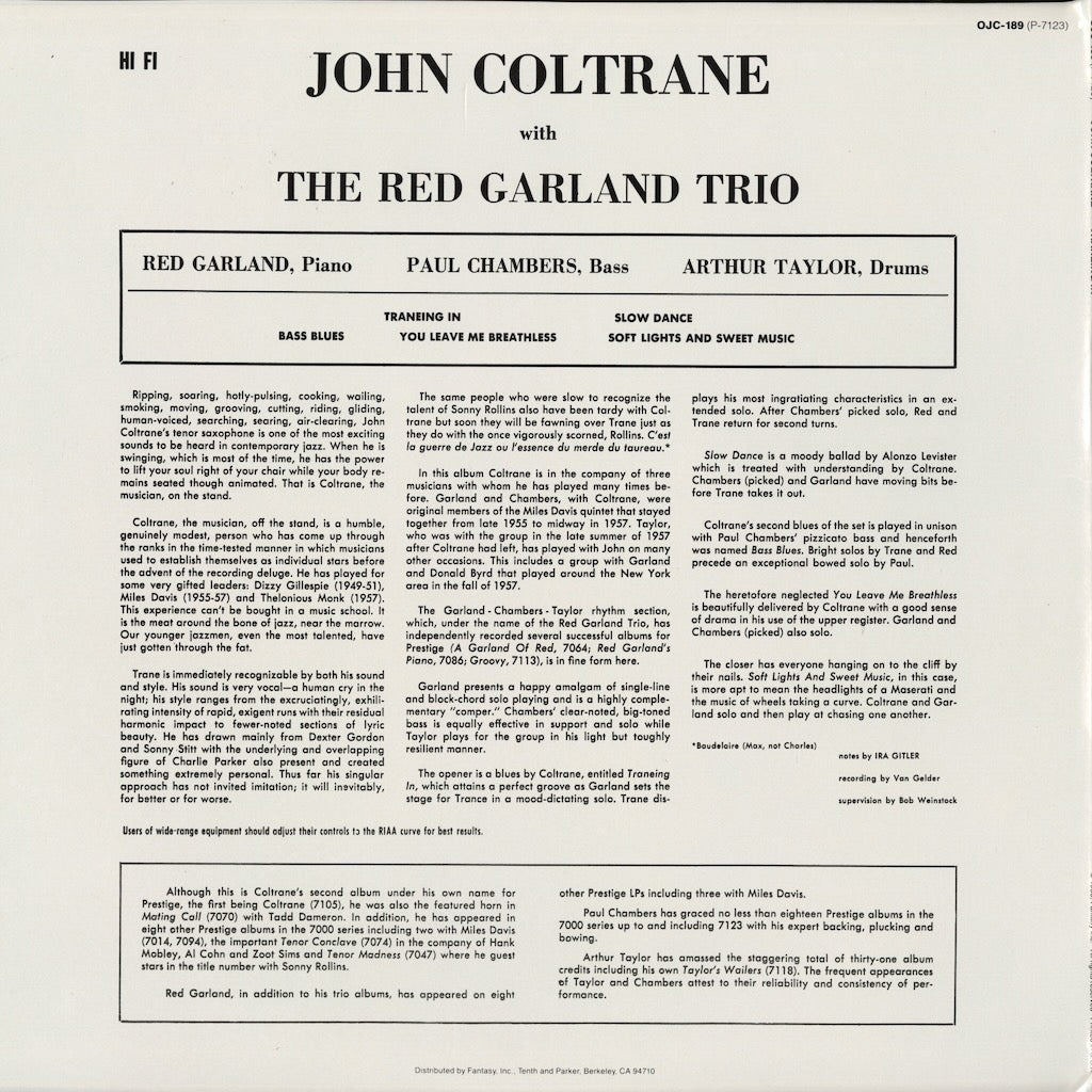 John Coltrane With The Red Garland Trio / ジョン・コルトレーン / Traneing In (OJC-189)