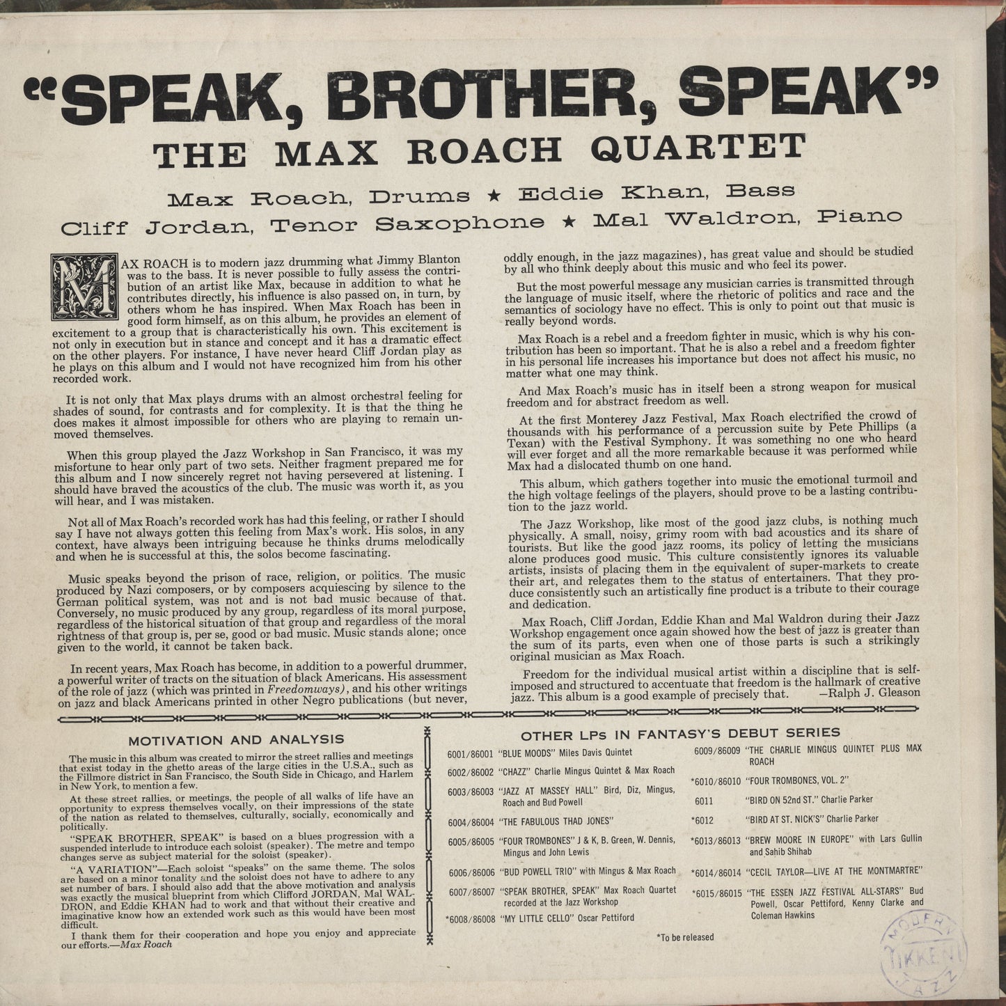 Max Roach Quartet / マックス・ローチ / Speak, Brother, Speak! (86007)