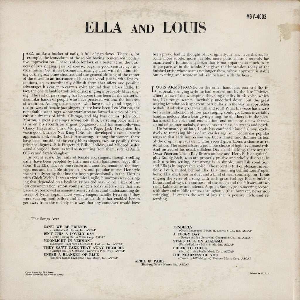 Ella Fitzgerald - Louis Armstrong – Ella and Louis (MG V-4003) LP 1956 US Verve | 中古LP