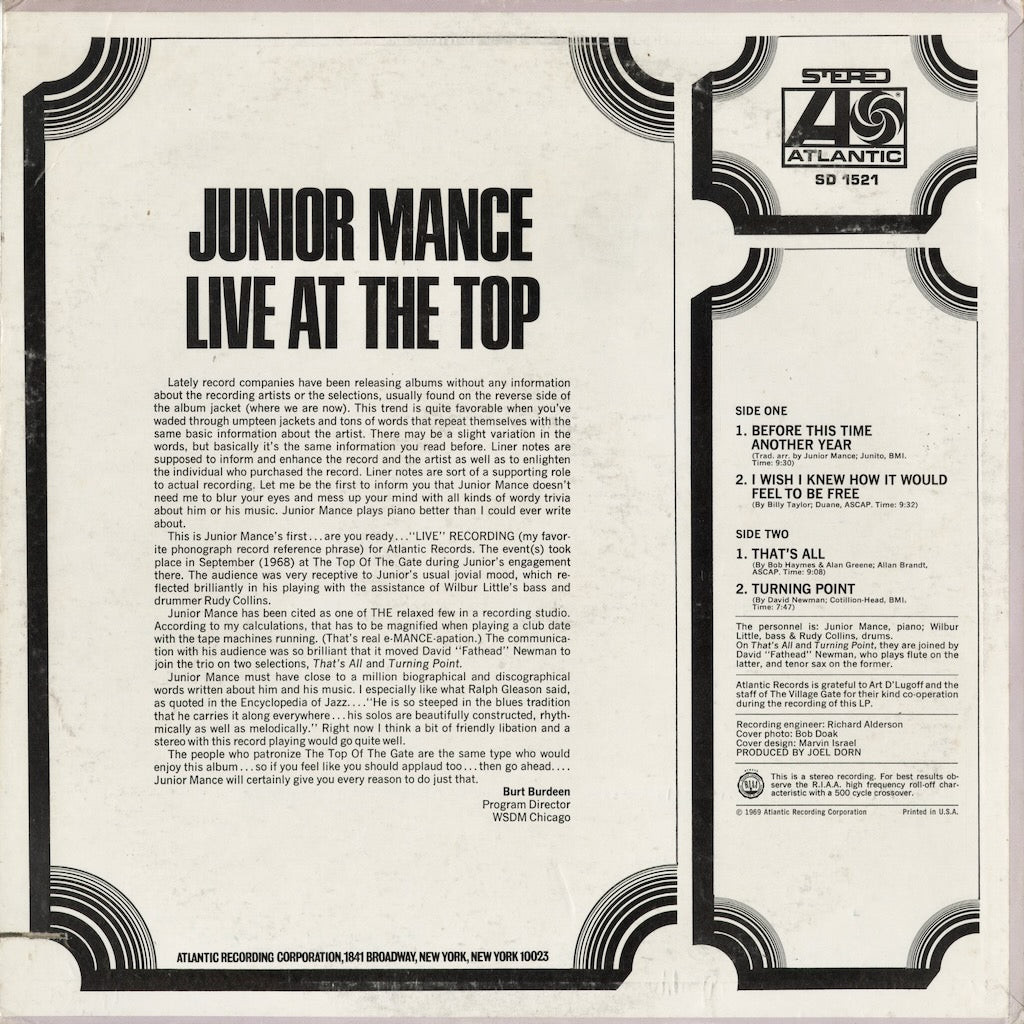 Junior Mance - Live At The Top SD 1521 中古レコード 通販｜1969 US