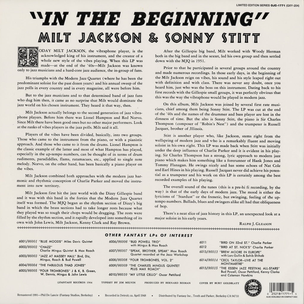 Milt Jackson & Sonny Stitt / ミルト・ジャクソン＆ソニー・スティット / In The Beginning (OJC-1771)
