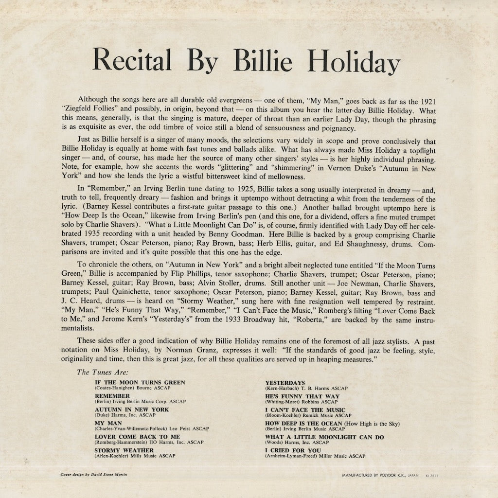 Billie Holiday / ビリー・ホリデイ / Recital By Billie Holiday (MV 2575)