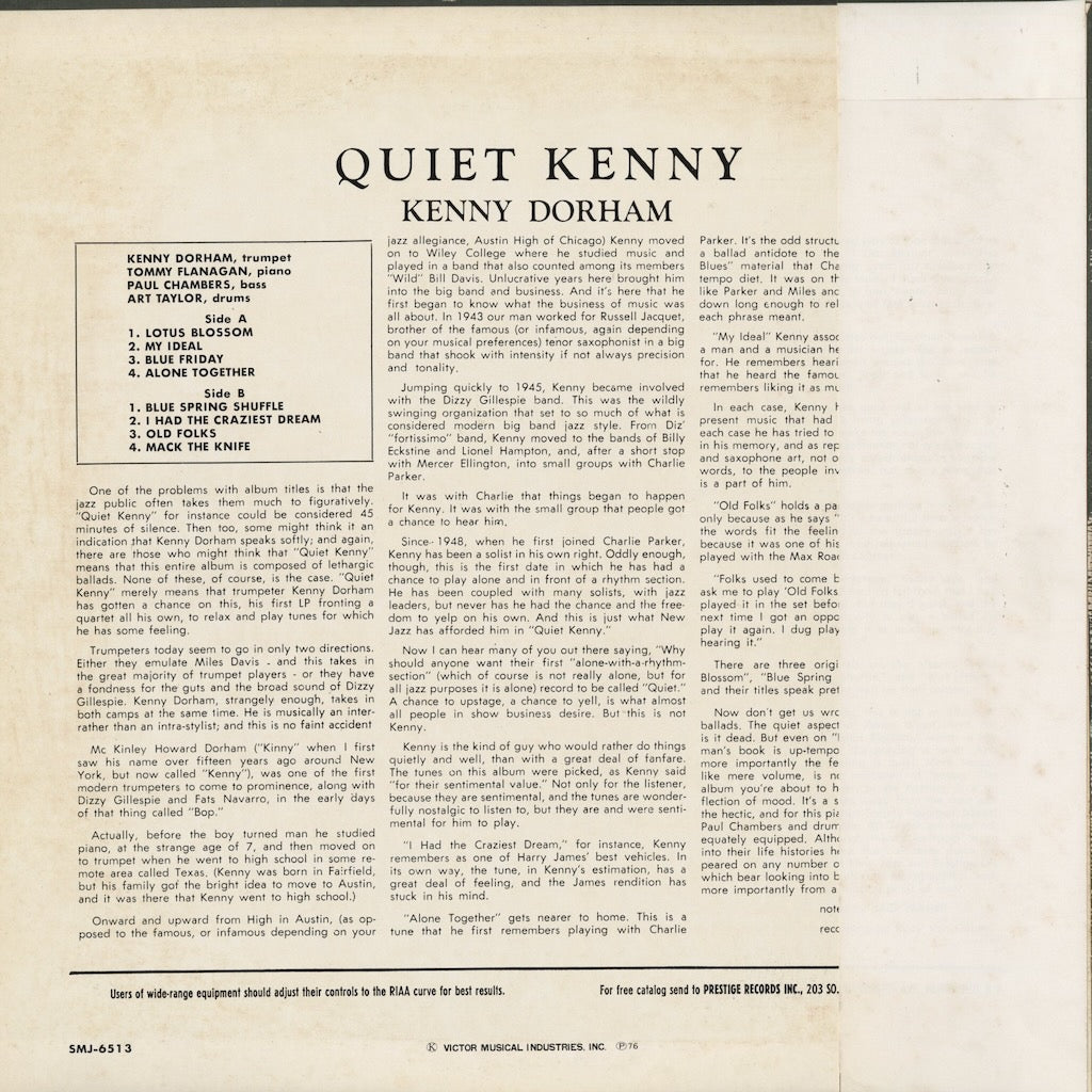 Kenny Dorham - Quiet Kenny (SMJ-6513) 1976 JPN Prestige｜中古LP