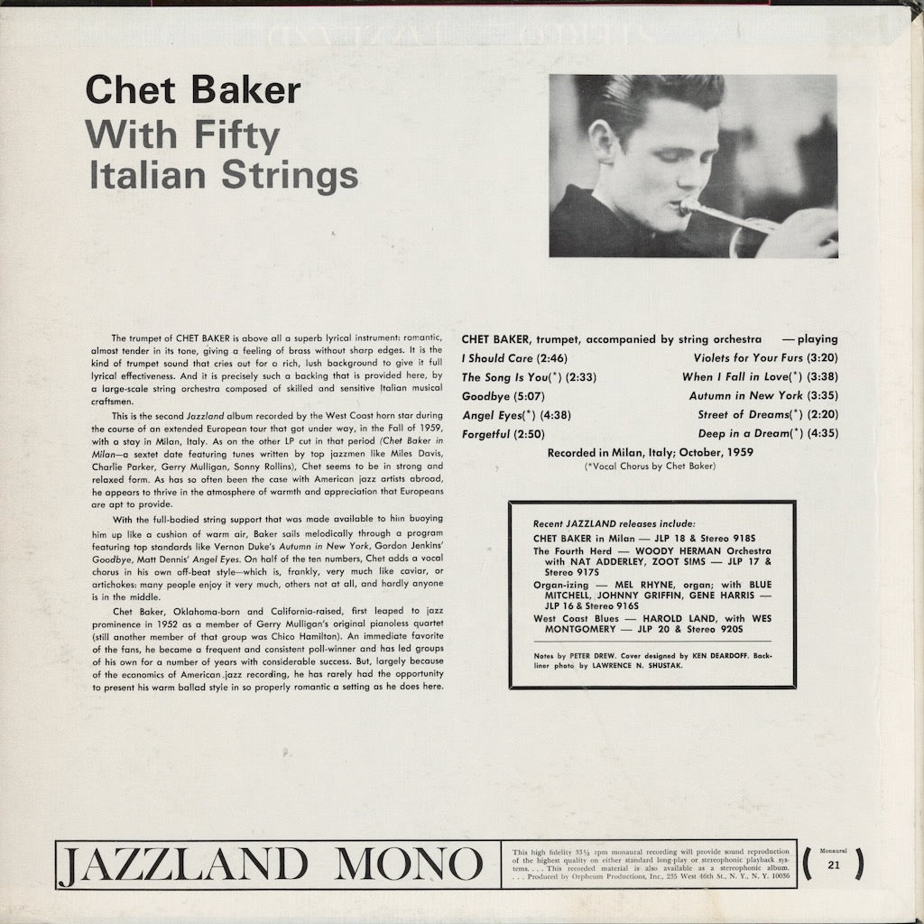 Chet Baker - Chet Baker With Fifty Italian Strings (JLP 21) LP 1967 US Jazzland｜中古LP