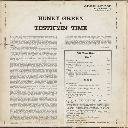 Bunky Green - Testifyin' Time (LP-753) LP 1965 US Cadet MONO グレーDG Lbl.｜中古LP