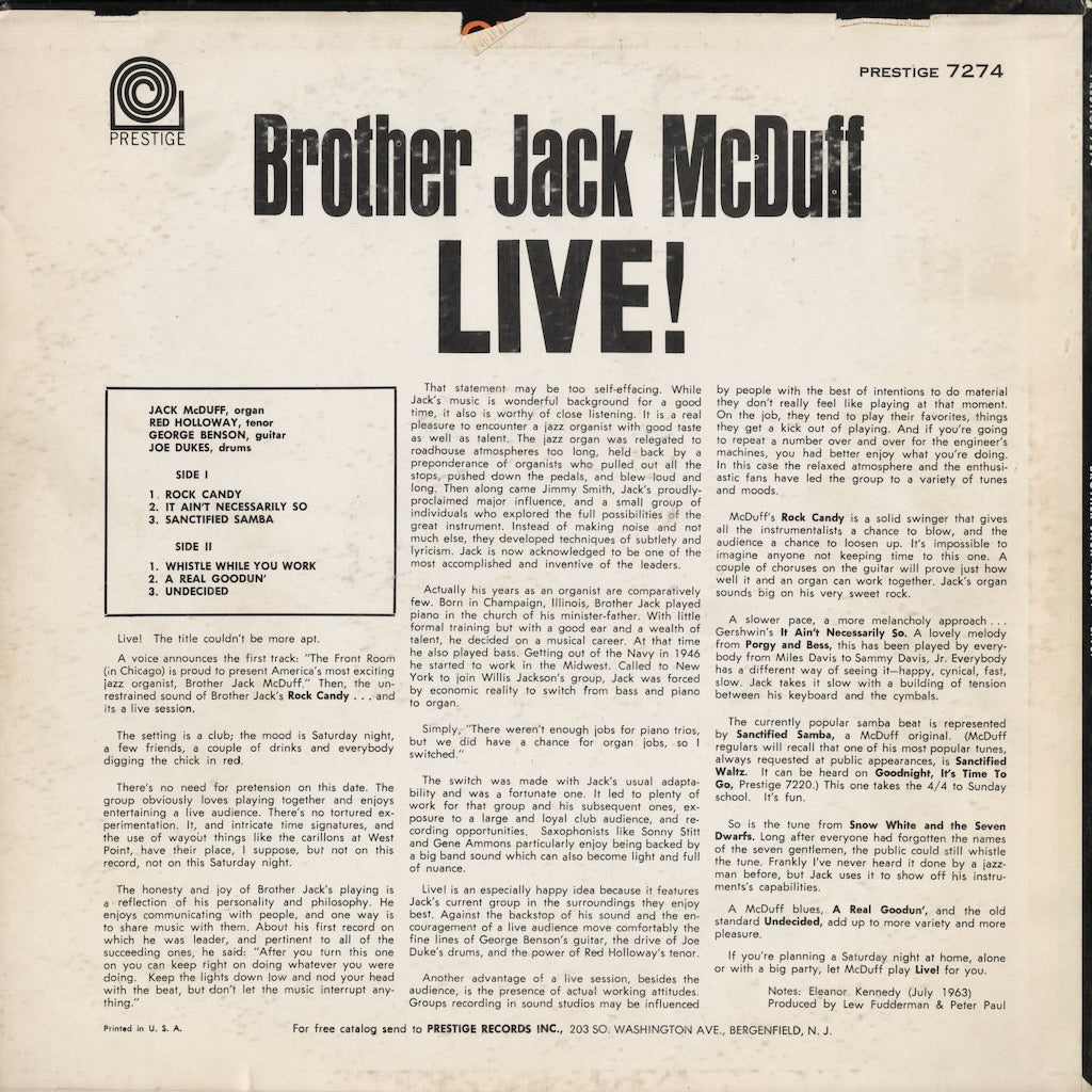 Brother Jack McDuff - Live! (PRLP 7274) LP 1963 US Prestige｜中古LP