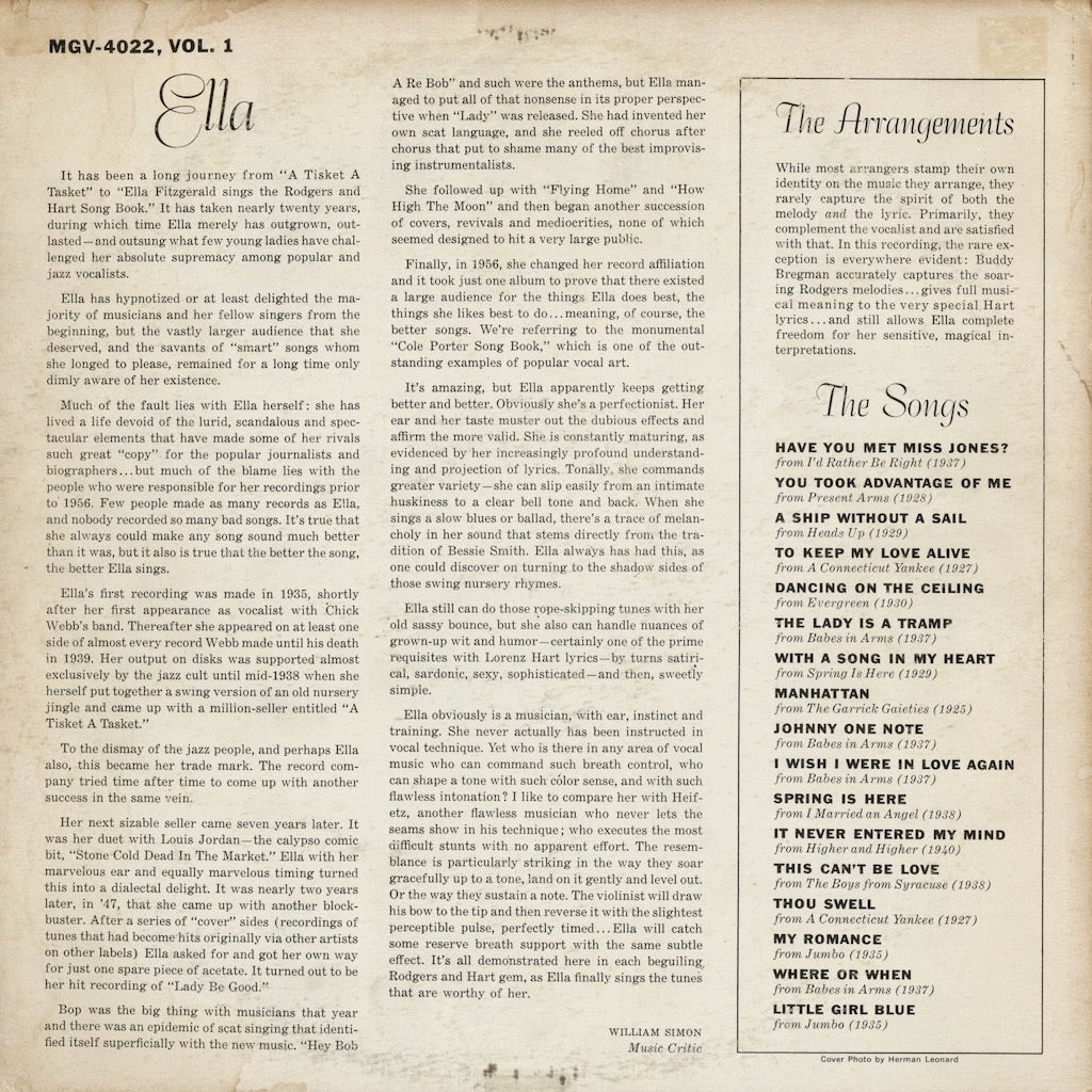 Ella Fitzgerald - Sings The Rodgers And Hart Song Book Vol. 1 (MG V-4022) LP 1959 US Verve｜中古LP