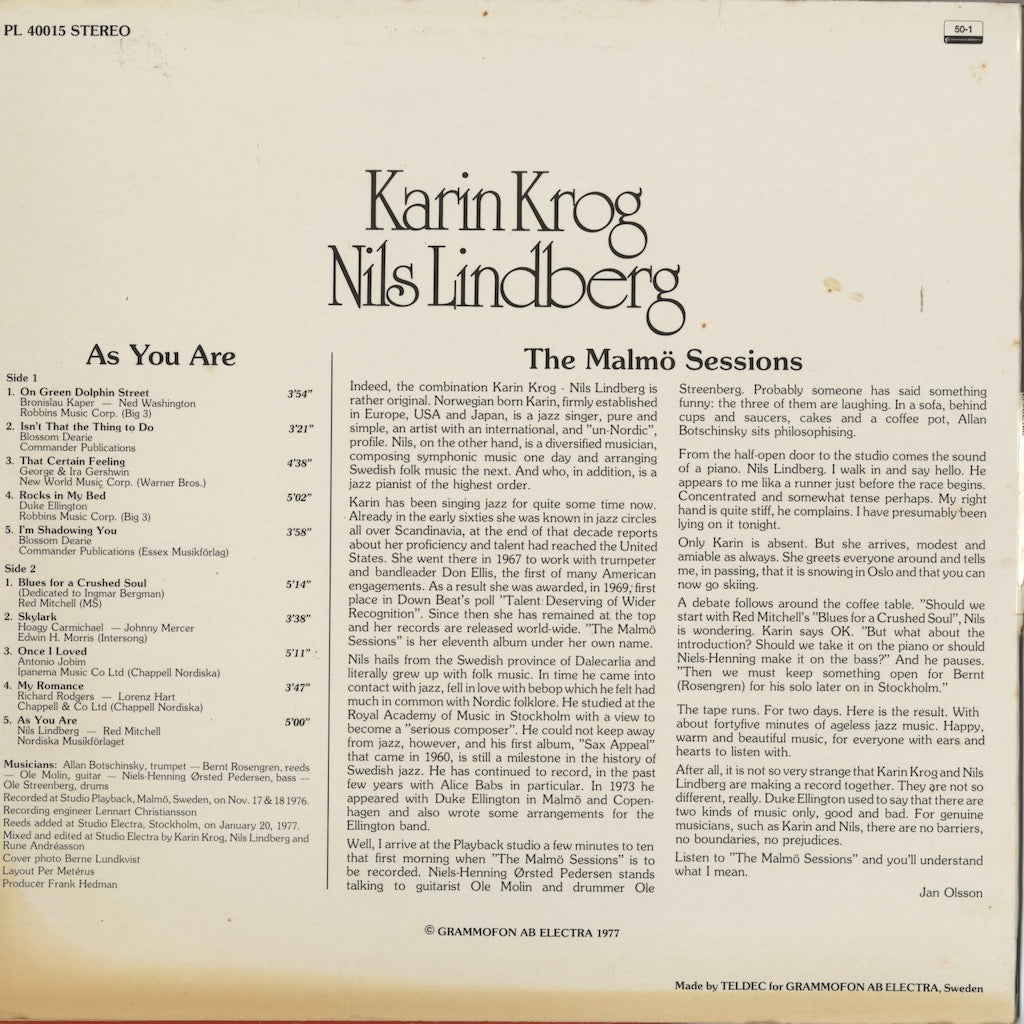 Karin Krog, Nils Lindberg / As You Are (The Malmö Sessions)  (PL 40015)