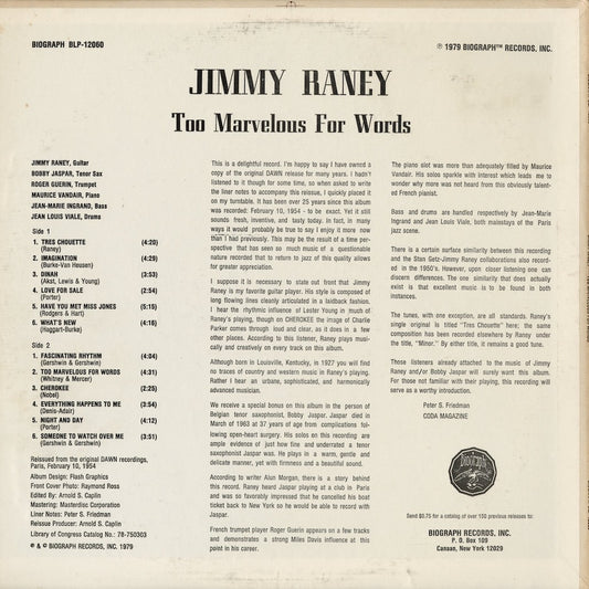 Jimmy Raney - Too Marvelous For Words (BLP-12060) 1979 US Biograph｜中古LP
