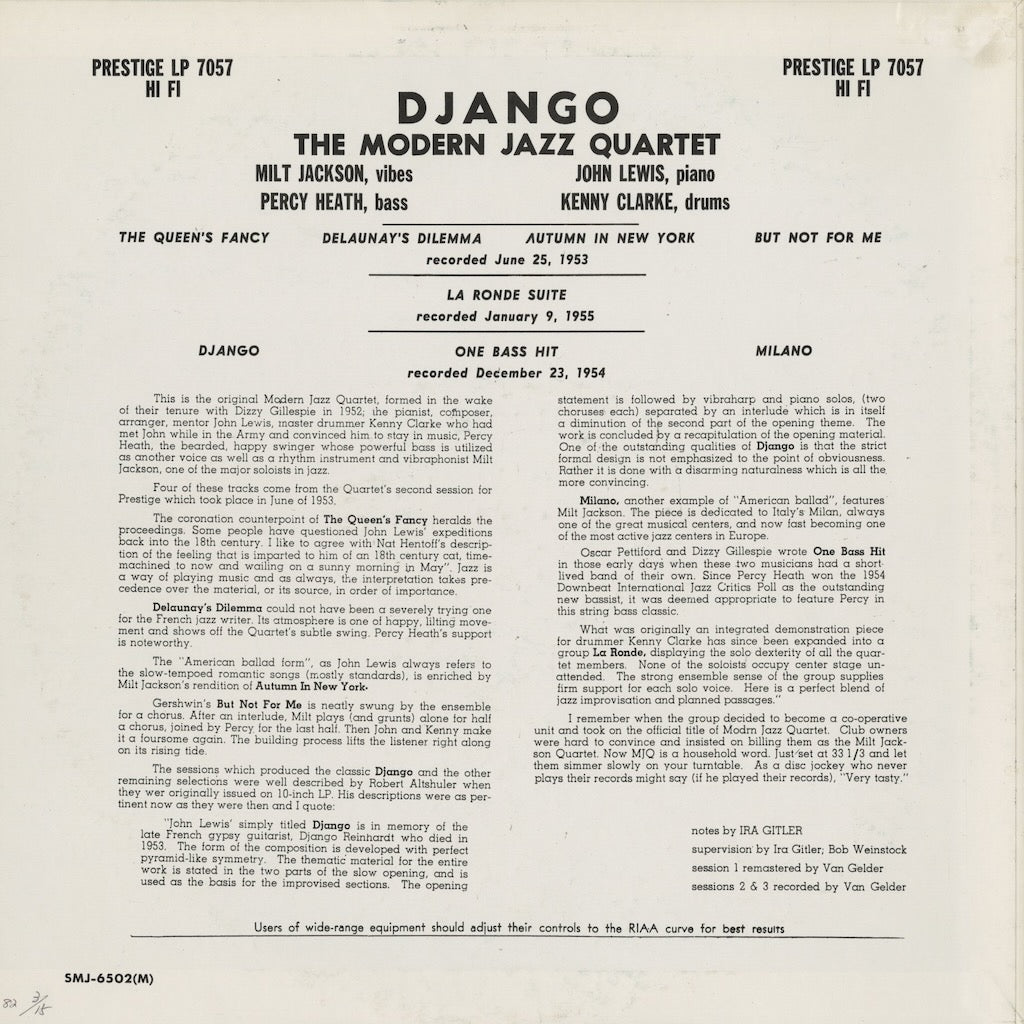 The Modern Jazz Quartet - Django (SMJ-6502M) 1975 JPN Prestige/Victor｜中古LP