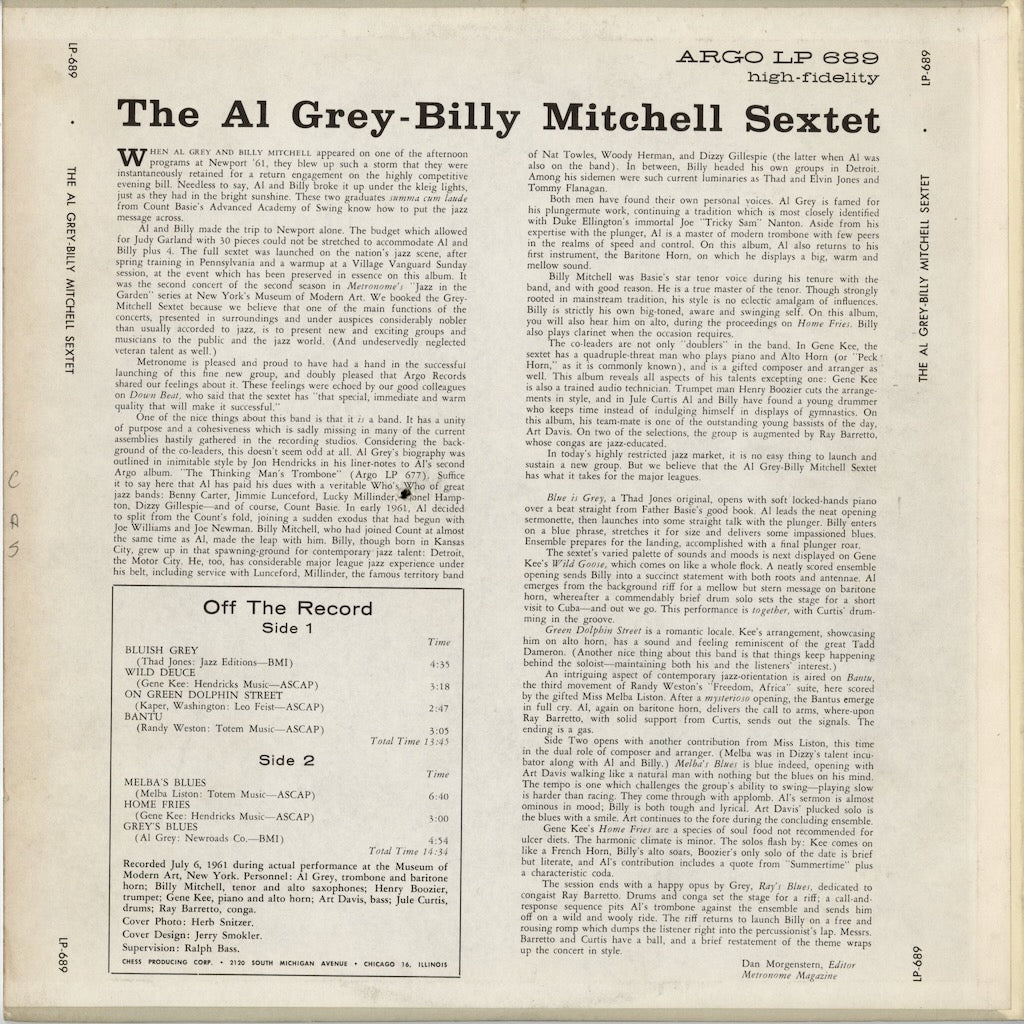 The Al Grey, Billy Mitchell Sextet - S.T. (LPS-689) 1962 US Argo｜中古LP
