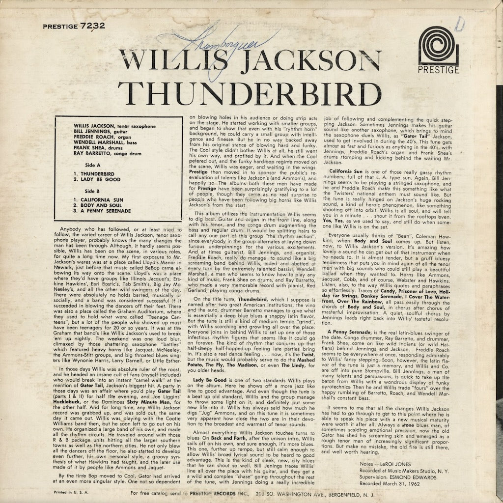 Willis Jackson - Thunderbird (PRLP 7232) 1962 US Prestige｜中古LP