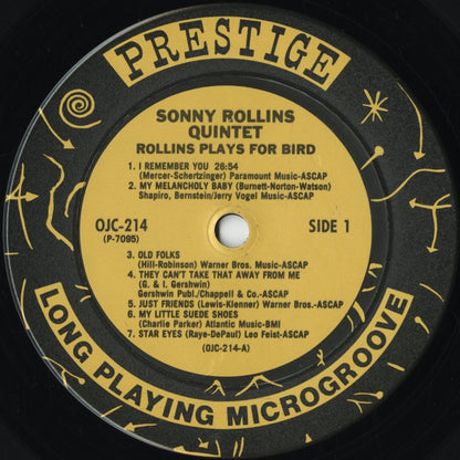 Sonny Rollins - Rollins Plays For Bird (OJC-214) 1986 US Prestige / Original Jazz Classics｜中古LP