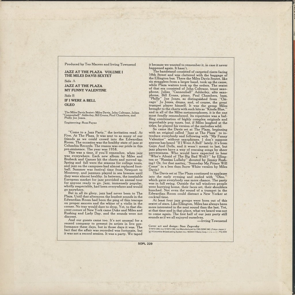 Miles Davis – Jazz At The Plaza Vol.1 (SOPL229) 1973 JPN CBS Sony