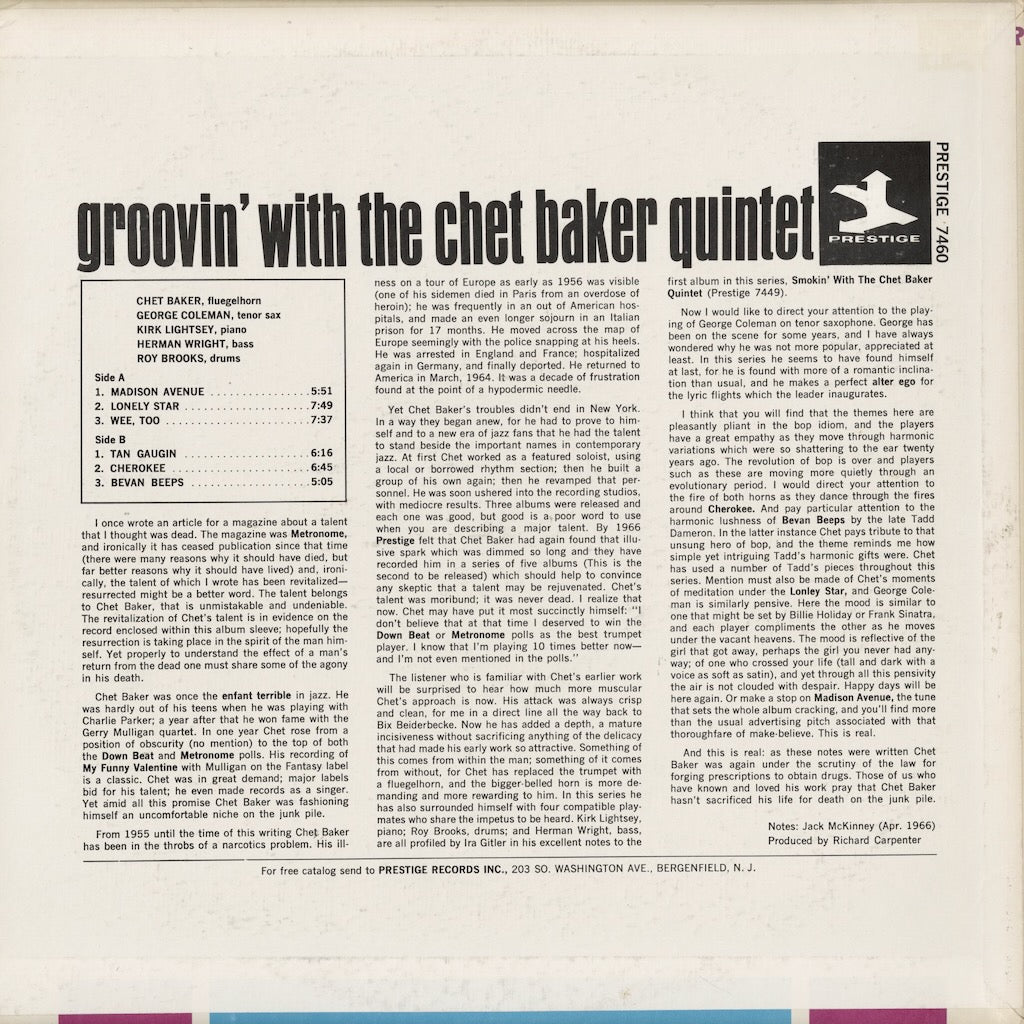 Chet Baker Quintet - Groovin' With The Chet Baker Quintet (PRT-7460) LP 1972 US Prestige｜中古LP