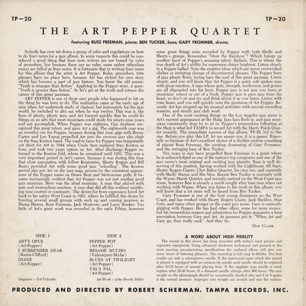Art Pepper Quartet - Art Pepper Quartet (1957) (TP-20) LP 1958 US Tampa｜中古LP