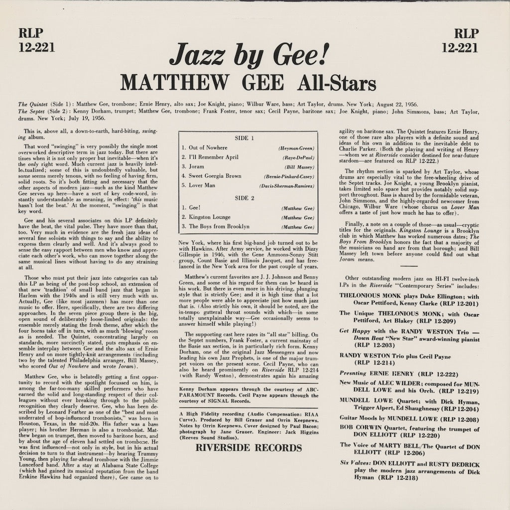 Matthew Gee All Stars / マシュー・ジー / Jazz By Gee (RLP 12-221)