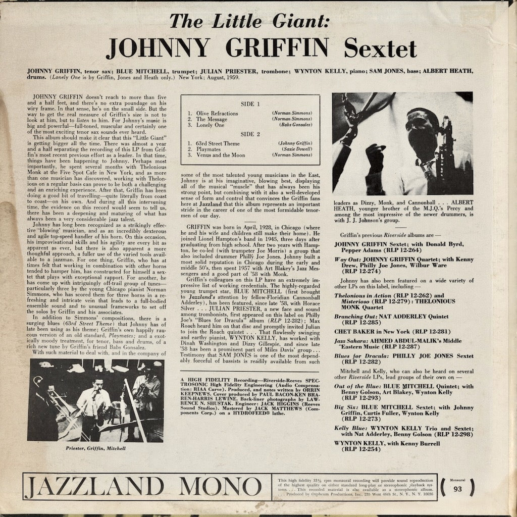 Johnny Griffin – The Little Giant (JLP 93) LP 1960's US Jazzland｜中古LP