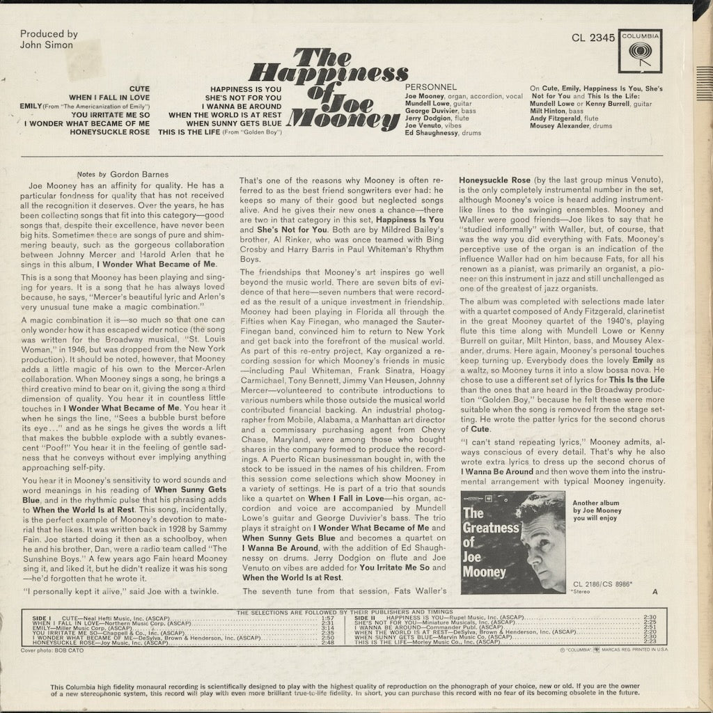 Joe Mooney - The Happiness Of Joe Mooney (CL 2345) LP 1965 US Columbia｜中古LP