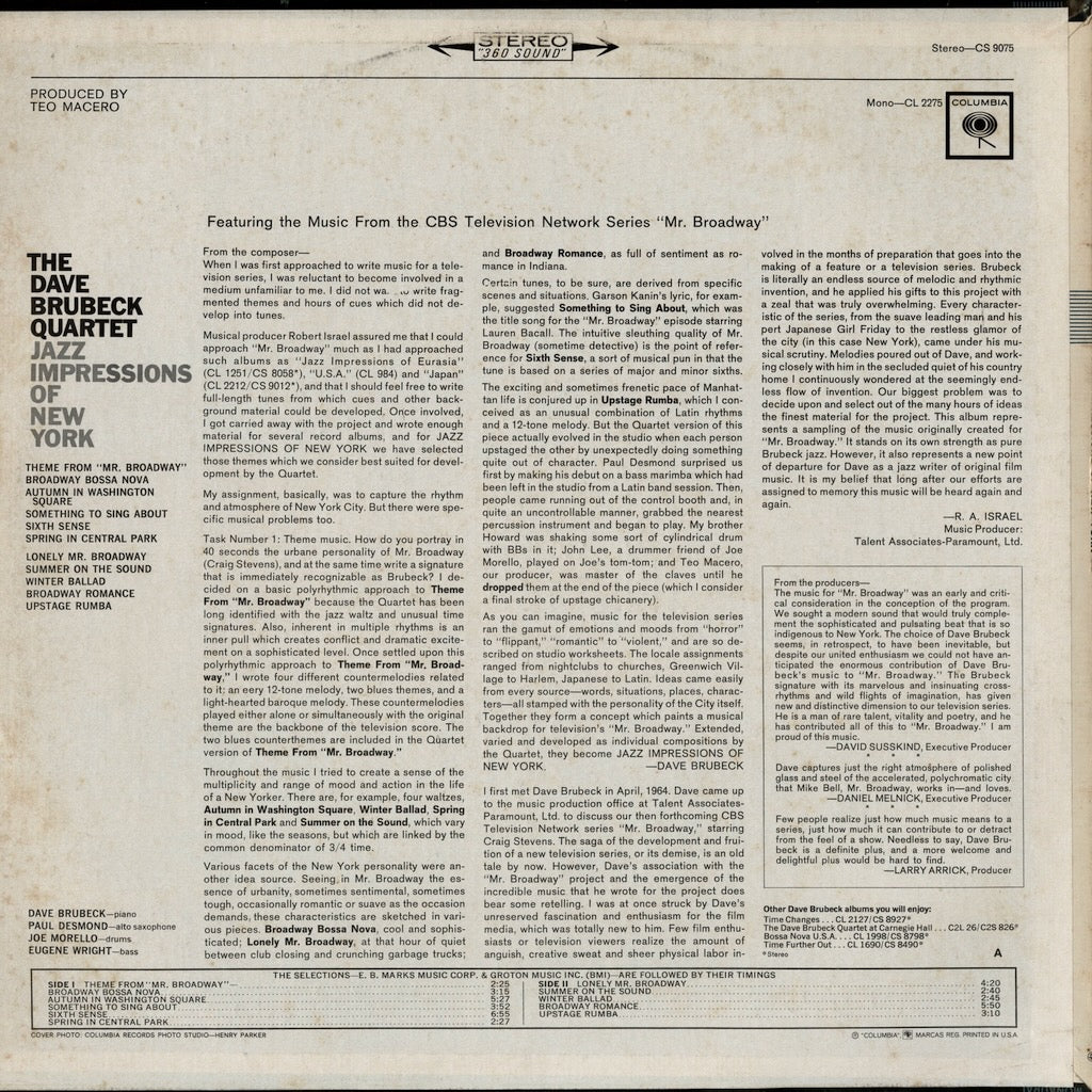 Dave Brubeck / デイヴ・ブルーベック・カルテット / Jazz Impressions Of New York (CS 9075)