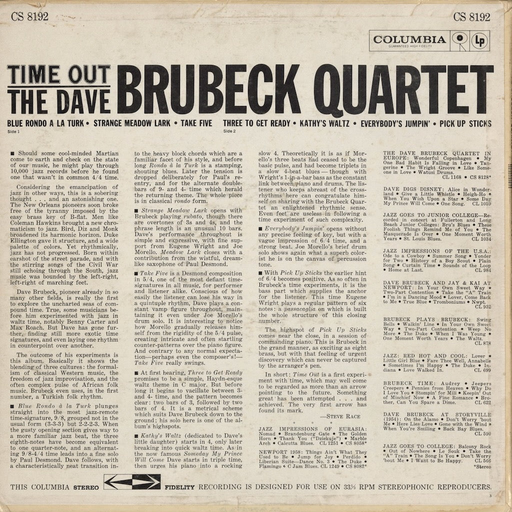 Dave Brubeck - Time Out (CS 8192) LP 1962 US Columbia｜中古LP