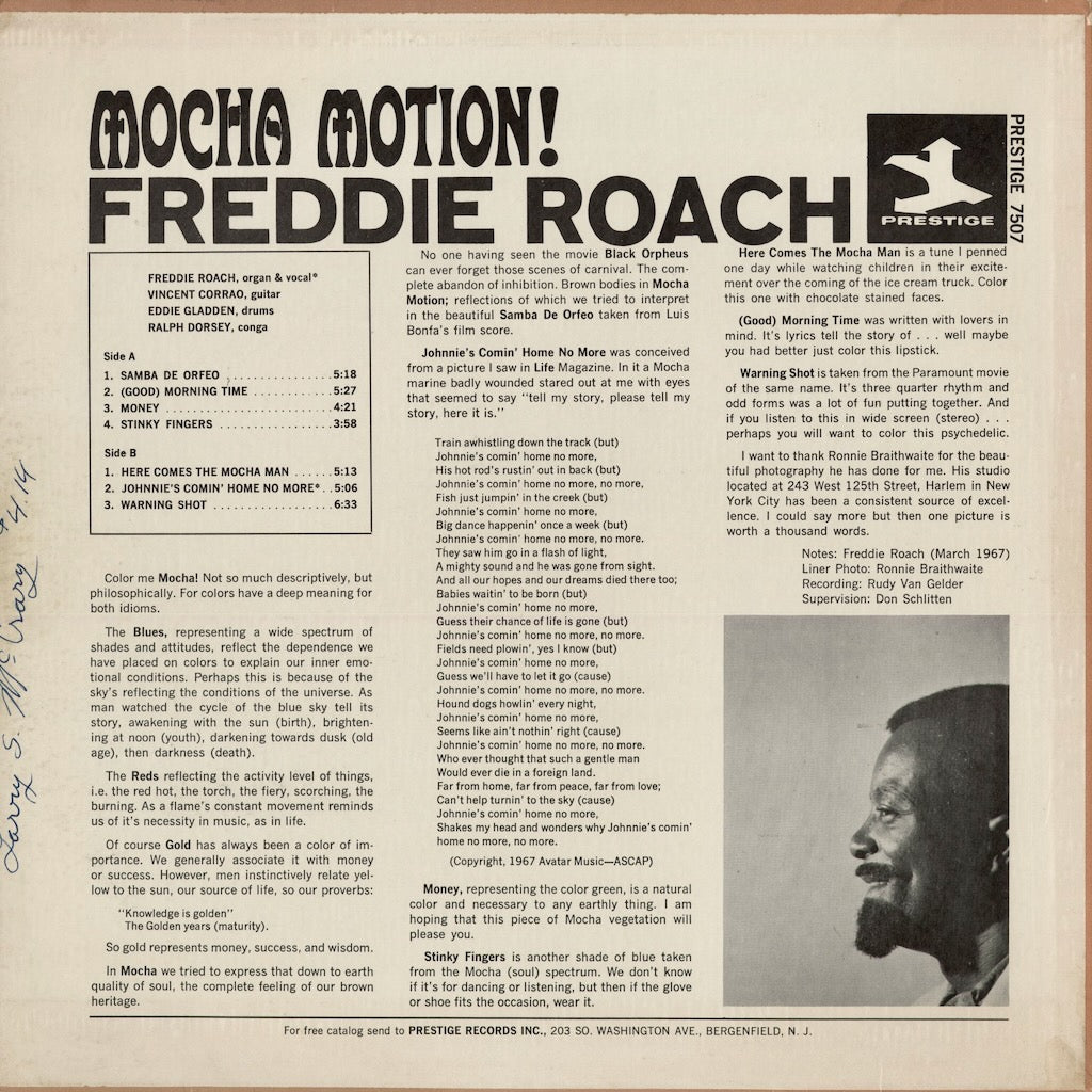 Freddie Roach - Mocha Motion! (PRST 7507) 1967 US Prestige｜中古LP