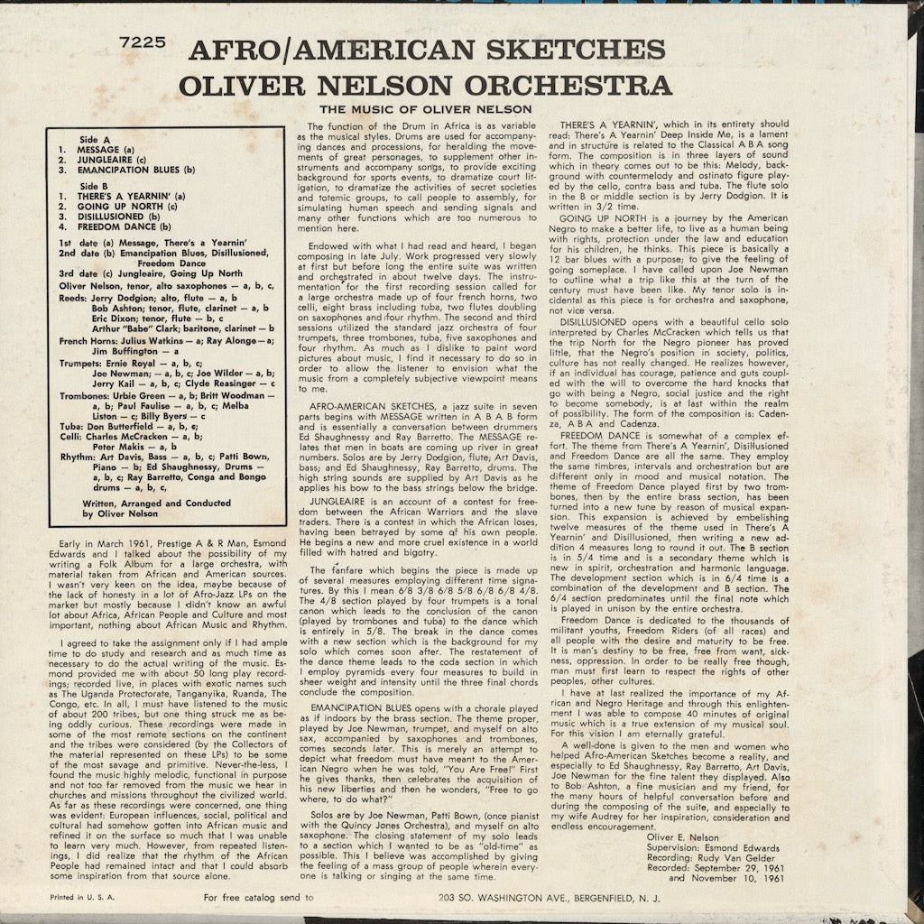 PRLP 7225 Oliver Nelson / Afro American Sketches 中古レコード 通販