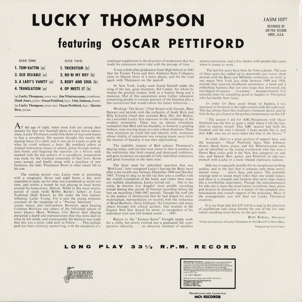 Lucky Thompson Featuring Oscar Pettiford - S.T. (JASM 1037) 1984 UK Jasmine｜中古LP