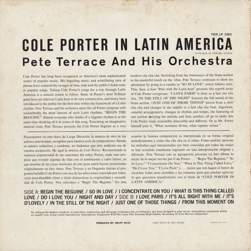 Pete Terrace And His Orchestra - Cole Porter In Latin America (LP 1063) LP 1960 US Tico｜中古LP