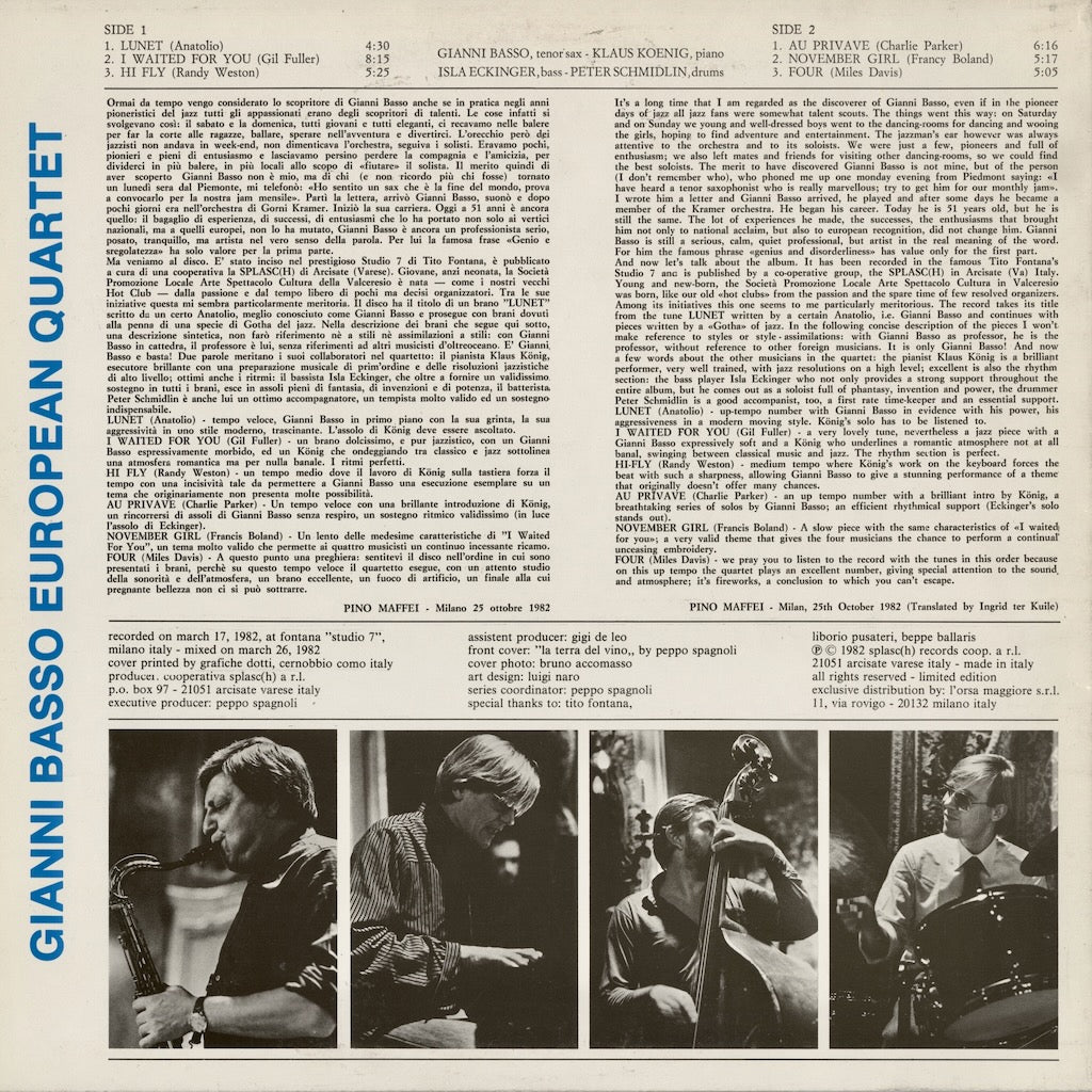 Gianni Basso Quartet - Lunet (LP H 101.1) LP 1982 ITA Splasc(h)｜中古LP