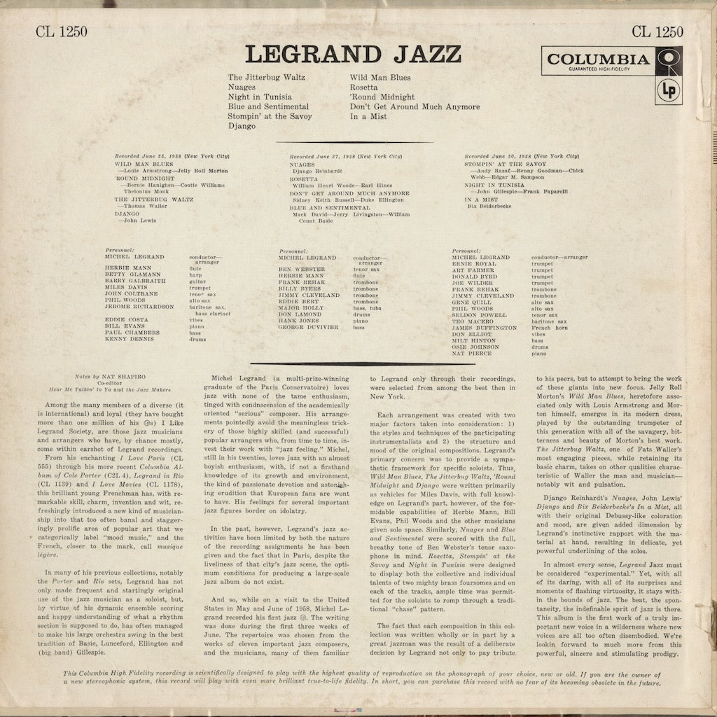 Michel Legrand - Legrand Jazz (CL 1259) LP 1958 US Columbia｜中古LP