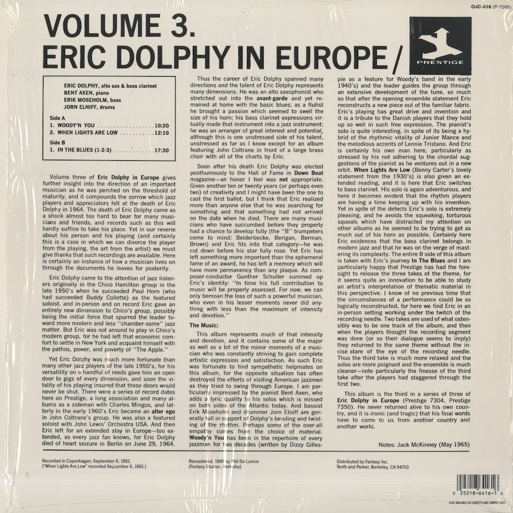 Eric Dolphy / エリック・ドルフィー / In Europe / Volume 3. (OJC-416)