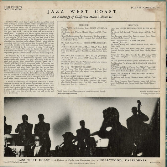 V.A. (Gerry Mulligan, Chet Baker, Chico Hamilton etc...) - Jazz West Coast Vol.3 (JWC-507) 1957 US Pacific Jazz/Jazz West Coas｜中古LP