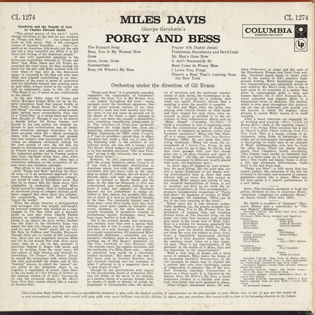 Miles Davis - Porgy And Bess (CL 1274) 1959 US Columbia MONO｜中古LP
