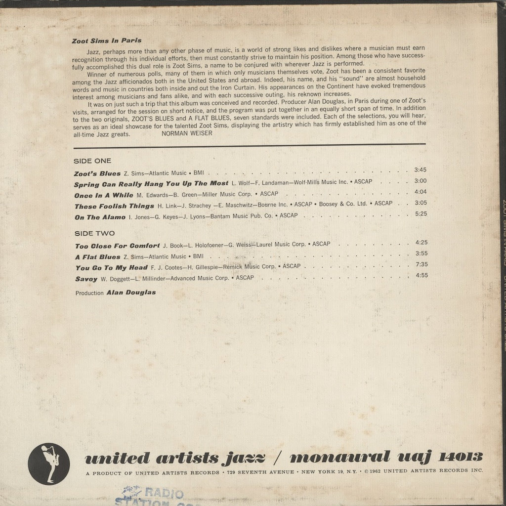 Zoot Sims / ズート・シムズ / Zoot Sims In Paris (UAJ 14013)