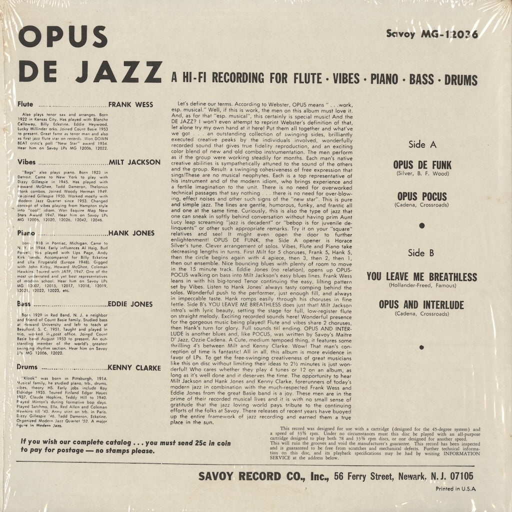 Milt Jackson / ミルト・ジャクソン / Opus De Jazz (MG 12036)